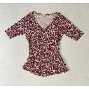 Boden Womens Faux Wrap Cinched Top Size 8 Red Pink Floral Balletcore Preppy